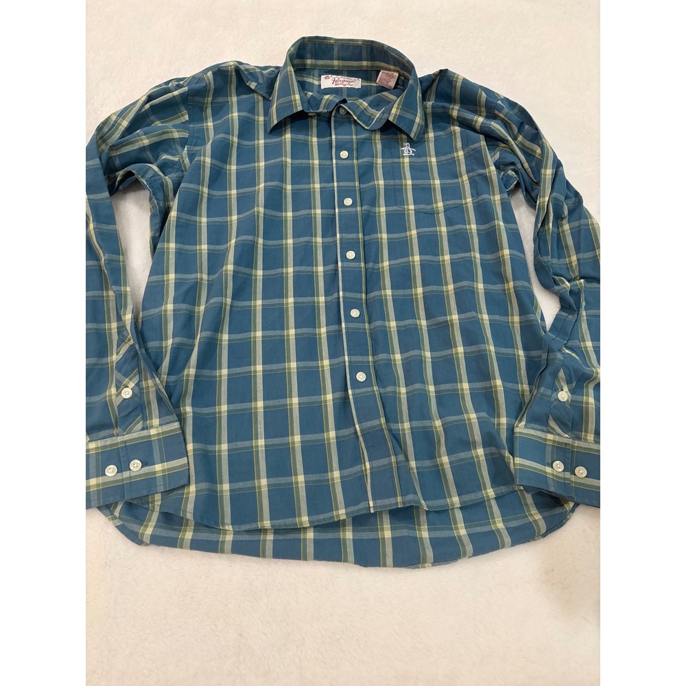 Original Penguin Munsingwear Mens XL Plaid Button Down Shirt Blue Yellow Long Sl